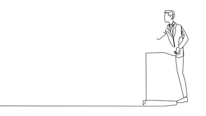 Poster - Animation of one line drawing of single continuous line drawing businessman speech standing behind podium. Inviting to everyone to be more concerned with natural condition. Full length motion