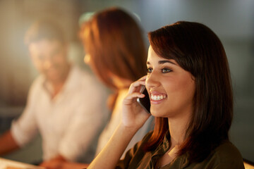 Poster - Female person, phone call and employment with smile for company or communication as manager in recruitment. Businesswoman, hr management and cellphone for feedback in workplace for business or growth