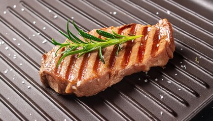 Poster - succulent thick grilled beef steak trimmed for fat for a healthy diet on a griddle with a sprig of fresh rosemary and seasoned with salt and peppercorns creative banner copyspace image