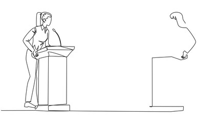 Poster - Animation of one line drawing of single continuous line drawing two businesswomen arguing on the podium. Throwing opinions on the best way to deal with global warming. Debating. Full length motion
