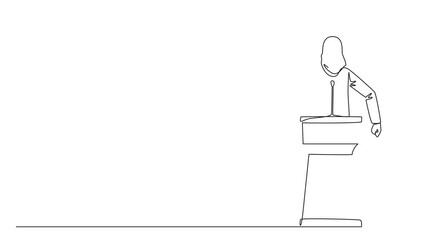 Poster - Self drawing animation of single continuous line drawing Arabian businesswoman speak at the podium by clenching fists at head height. Doing oration. Leadership. Burning spirit. Full length animated
