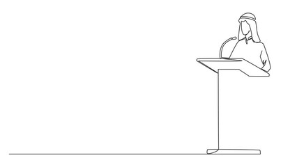 Poster - Self drawing animation of single one line drawing inspirational Arab businessman give speech at podium. Convey tips for success in doing business by continuing to preserve nature. Full length animated