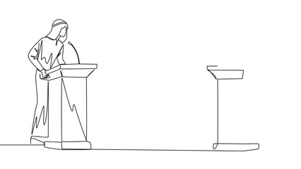 Poster - Animated self drawing of single one line drawing two Arabian businessman arguing on podium. Throwing opinions on the best way to deal with global warming. Dialogue. Full length single line animation