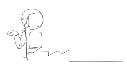 Poster - Animated self drawing single continuous line drawing astronaut speaking at the podium while opening hands. Explain history of the company to become a multinational. Full length single line animation