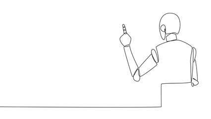 Poster - Self drawing animation of continuous one line drawing from back view robotic speaking at podium while lifting index finger. Robot in Conference Hall present new business. Orator. Full length animated