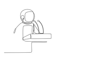 Poster - Animation of one line drawing of single continuous line drawing astronaut speaking at the podium while lifting index finger up. Made a favorable statement for the company. Orator. Full length motion