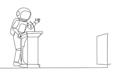 Wall Mural - Animation of one line drawing single continuous line drawing robotic and astronaut arguing on the podium. Throwing arguments at each other, not wanting to give in. Feel most right. Full length motion