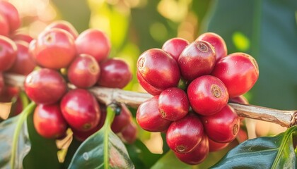 Wall Mural - closeup red cherry coffee beans on the branch of coffee plant