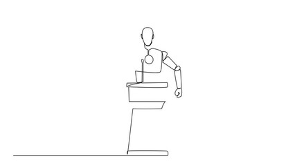 Poster - animated self drawing of continuous one line drawing robotic speak at the podium by clenching fists 
