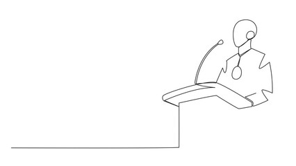 Poster - Self drawing animation single one line drawing robotic artificial intelligence speaking at podium. Announced greatly improved business balance sheet. A fun speech for all parties. Full length animated