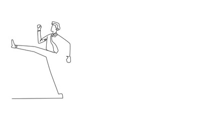 Poster - Self drawing animation of single one line drawing businessman doing kicking motion. Stretch before office hours start. Healthy way to stay focused on doing business. Disciplined. Full length animated