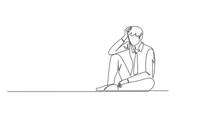 Poster - Animation of one line drawing of single one line drawing businessman sitting near piles of work files. Too much work is stressful. Putting off work makes work neglected. Unhappy. Full length motion