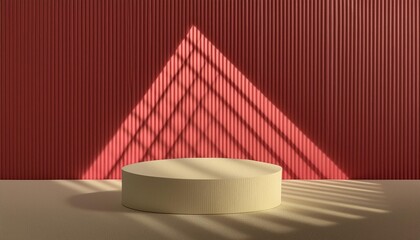 Wall Mural - 3d illustration of beige podium and red background lit by diagonal light stripe