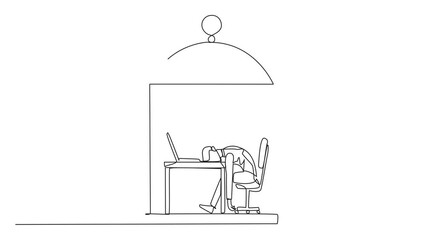 Poster - Animation of one line drawing of single continuous line drawing businessman trapped in cage asleep on laptop computer. Tired of repetitive routines. Deadlines require overtime. Full length motion