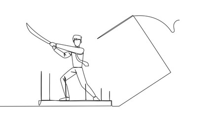 Poster - Animation of one line drawing single continuous line drawing businessman trapped in cage holds samurai. Expression of anger over the limitations that shackle. Freedom at any cost. Full length motion