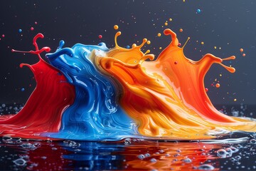 Poster - This image showcases a colorful explosion of blue, red, and orange paint splashes, depicting energy and creativity
