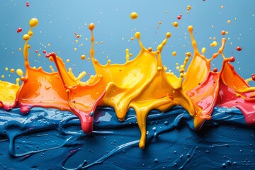 Poster - An explosion of orange and yellow paint splashes against a vivid blue backdrop capturing movement and dynamism