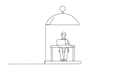 Poster - Self drawing animation of continuous one line drawing businessman trapped in cage sitting and typing on laptop computer. Tiring routine. Unhappy businessman with many deadline. Full length animated