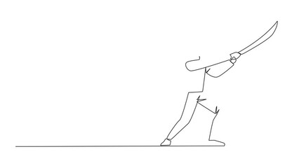 Poster - Animation of one line drawing of continuous one line drawing businessman holding samurai. Like samurai athlete guarding the business. Prepared to eliminate disrupt business growth. Full length motion