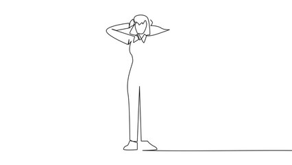 Poster - Animated self drawing single one line drawing businesswoman standing straight holding head with both hands. Gestures excited or surprised. Unusual facial expressions. Full length single line animation