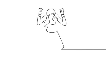 Poster - Self drawing animation of single one line drawing businesswoman kneeling like praying. Lost hope. Businesses will bankrupt if fail to get bona fide clients. Gesture of surrender. Full length animated