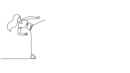 Poster - Self drawing animation of continuous one line drawing businesswoman doing taekwondo movements. Kicking motion. Strong legs. Keeping business with sport. Keep healthy stay strong. Full length animated