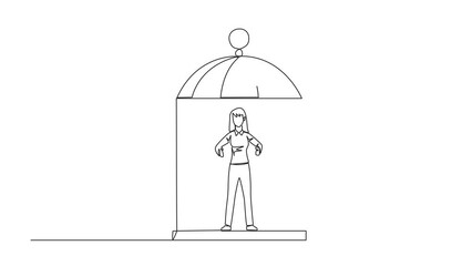 Poster - Animation of one line drawing of single continuous line drawing unhappy businesswoman trapped in cage standing hold the iron bars. Imprisoned body and mind. Feeling exhausted. Full length motion