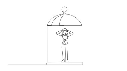 Poster - Self drawing animation of continuous one line drawing tired businesswoman trapped in cage standing frustrated holding head. Anxiety caused can not move freely. Imprisoned. Full length animated