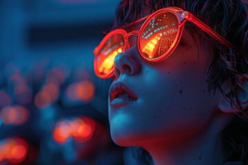 Poster - Abstract capture of a scene with intensely vibrant red and blue bokeh lights creating a dynamic background to a blurred foreground subject