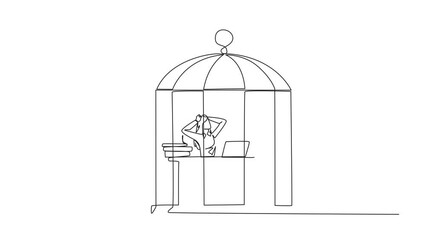 Poster - Animated self drawing of single one line drawing businesswoman trapped in cage sitting on office chair holding head. Being in routine trap. Tired and irritated. Full length single line animation