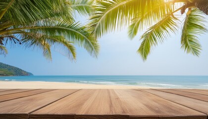 Sticker - summer holiday concept wooden table with coconut palm tree at the beach background