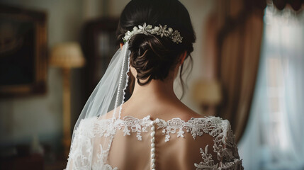 Back view of elegant white woman with classy hair updo getting married. Dark haired brunette lady preparing for a wedding. Lace wedding dress. 
