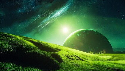verdant alien hill under a star filled sky with a colossal glowing planet rising behind 3d render