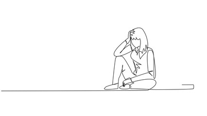 Poster - Animation of one line drawing of single continuous line drawing businesswoman sitting near piles of work files. Too much work is stressful. Putting off work makes work neglected.  Full length motion