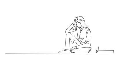 Poster - Animated self drawing of continuous line drawing Arabian businessman sitting near piles of files. Too much work is stressful. Putting off work makes work neglected. Full length single line animation