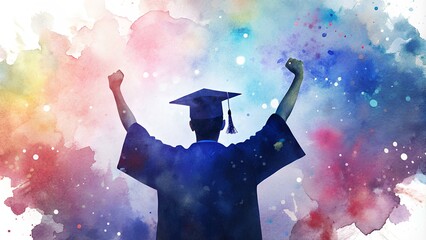 Wall Mural - A Silhouette of a Graduate boy, Graduation Season, abstract watercolor background