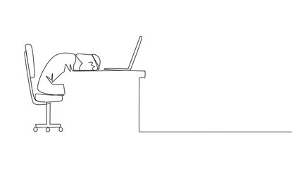 Poster - animated self drawing of continuous line drawing arabian businessman fell asleep in front of a lapto