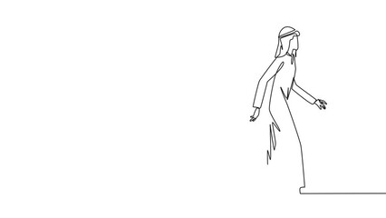 Poster - Animated self drawing of single continuous line drawing Arabian businessman walking to the canteen to break and lunch. Taking time for a while to hone ideas. Full length single line animation