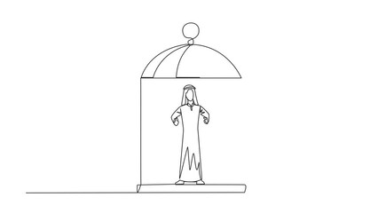 Poster - Animation of continuous line drawing Arab businessman trapped in cage standing hold the iron bars. Imprisoned body and mind. Limited opportunity. Single line self drawing animated. Full length motion