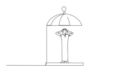 Poster - Self drawing animation of continuous line drawing Arab businessman trapped in cage standing frustrated holding head. Anxiety caused cannot move freely. Imprisoned. Full length animated