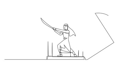 Poster - Animation of continuous line drawing Arab businessman trapped in cage holds samurai. Expression of anger over limitations that shackle. Seek freedom at any cost. Madness. Full length motion