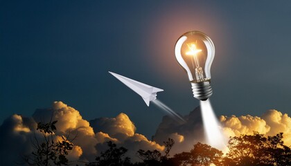 attention and announcement concept with an idea light bulb flying to the sky like a rocket