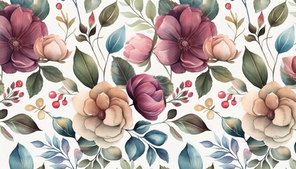 colorful seamless floral pattern with abstract flowers leaves and berries watercolor print in rustic vintage style textile or wallpapers in provence style isolated on white background