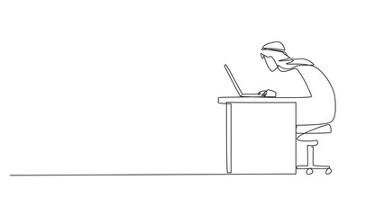 Poster - Animation of single continuous line drawing Arabian businessman sitting and typing on laptop computer. Work hard to achieve maximum expected results. Overtime and work smart. Full length motion