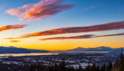 Wall Mural - beautiful panoramic view of colorful cloudscape with blue sky in background during a sunny winter sunset taken in vancouver british columbia canada