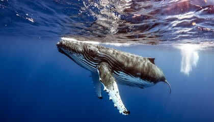 Wall Mural - humpback whale calf underwater diving down into the deep sea blue water background