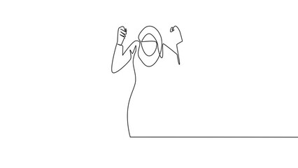 Poster - Animated self drawing of one line drawing Arabian businesswoman kneeling like praying. Lost hope. Businesses will bankrupt if fail to get bona fide clients. Full length single line animation