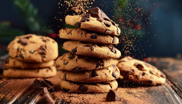 a stack of delicious chocolate chip cookies with crumbs and chocolate chips flying around