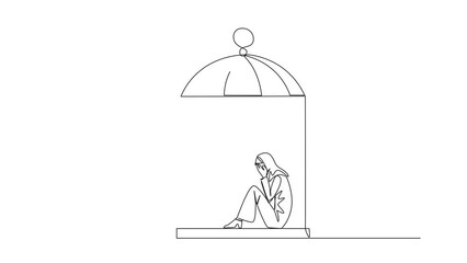 Poster - Animated self drawing of continuous line drawing Arab businesswoman trapped in the cage sitting and covering face. Feel utterly defeated. Trapped in a dirty business. Full length single line animation
