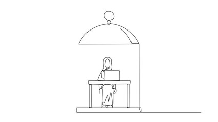 Poster - Animated self drawing of one line drawing Arab businesswoman trapped in cage sitting and typing on the laptop computer. Unhappy businessman with many deadlines. Full length single line animation